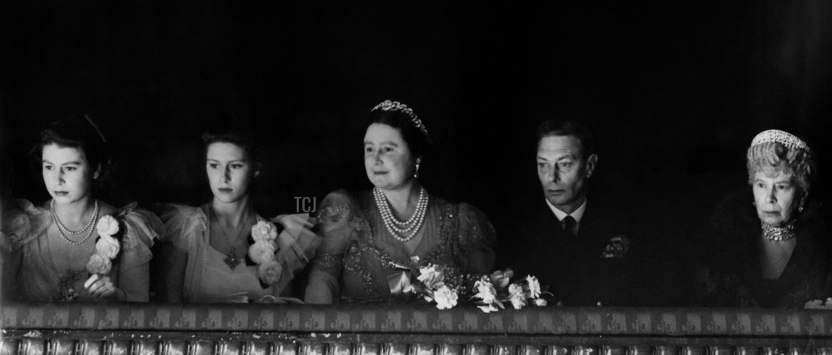 Princess Elizabeth, Princess Margaret, Queen Elizabeth, King George VI, and Queen Mary attend a performance of the ballet "The Sleeping Beauty" at the reopening of the Royal Opera House in Covent Garden in London on February 20, 1946 (PLANET NEWS/AFP via Getty Images)