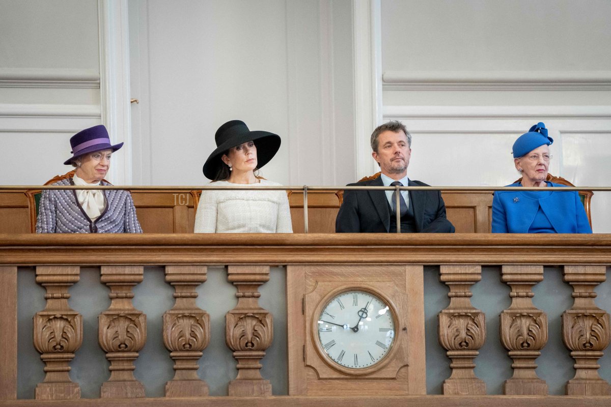 Queen Margrethe II, Crown Prince Frederik, Crown Princess Mary, and Princess Benedikte of Denmark attend the opening of parliament at Christiansborg Palace in Copenhagen on October 3, 2023 (MADS CLAUS RASMUSSEN/Ritzau Scanpix/AFP via Getty Images)