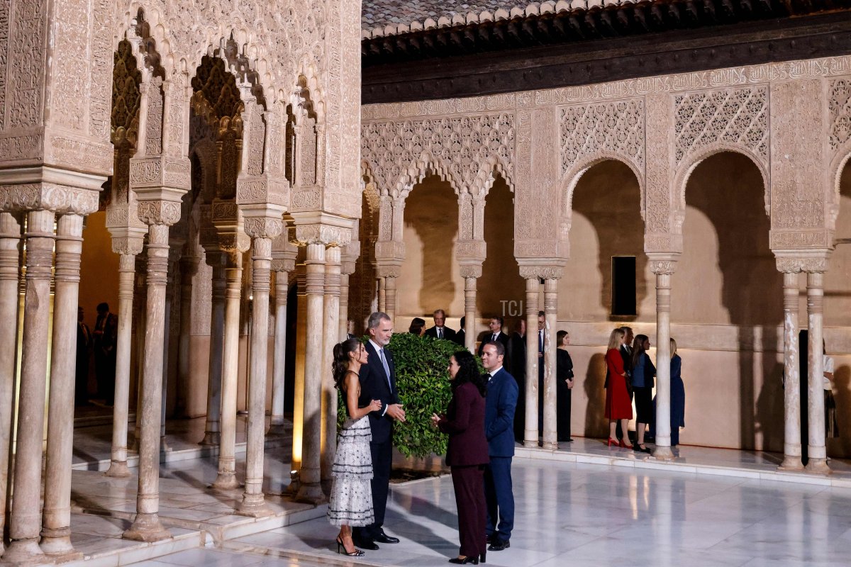 King Felipe VI and Queen Letizia of Spain greet Kosovo's President Vjosa Osmani and her husband, Prindon Sadriu, at the Alhambra during the European Political Community summit in Granada on October 5, 2023 (LUDOVIC MARIN/AFP via Getty Images)