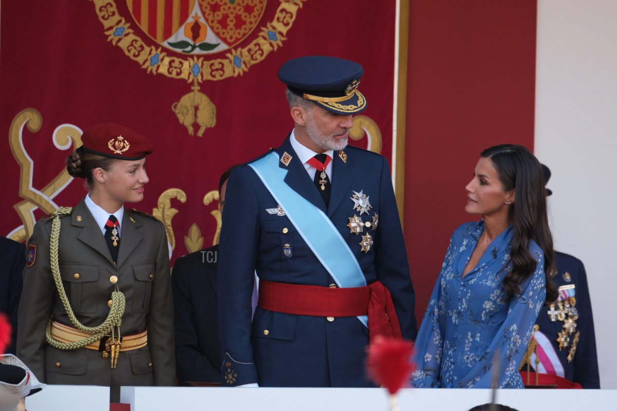 The King and Queen of Spain, with the Princess of Asturias, attend a military parade on the country's National Day in Madrid on October 12, 2023 (Oscar Gonzalez/Sipa USA/Alamy)