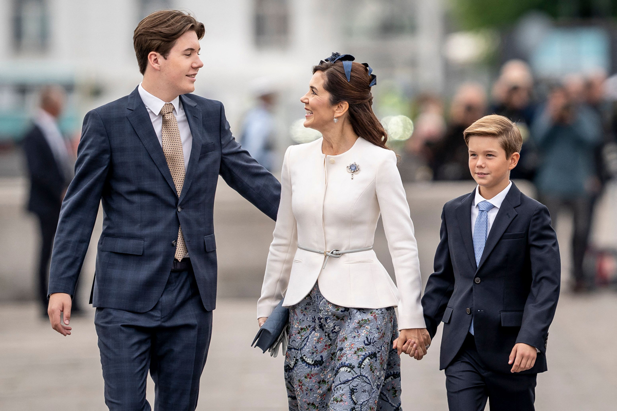 Prince Christian, Crown Prince Mary, and Prince Vincent arrive for a luncheon to celebrate the Golden Jubilee of Queen Margrethe II of Denmark on the Dannebrog Royal Yacht in Copenhagen on September 11, 2022 (MADS CLAUS RASMUSSEN/Ritzau Scanpix/AFP via Getty Images)