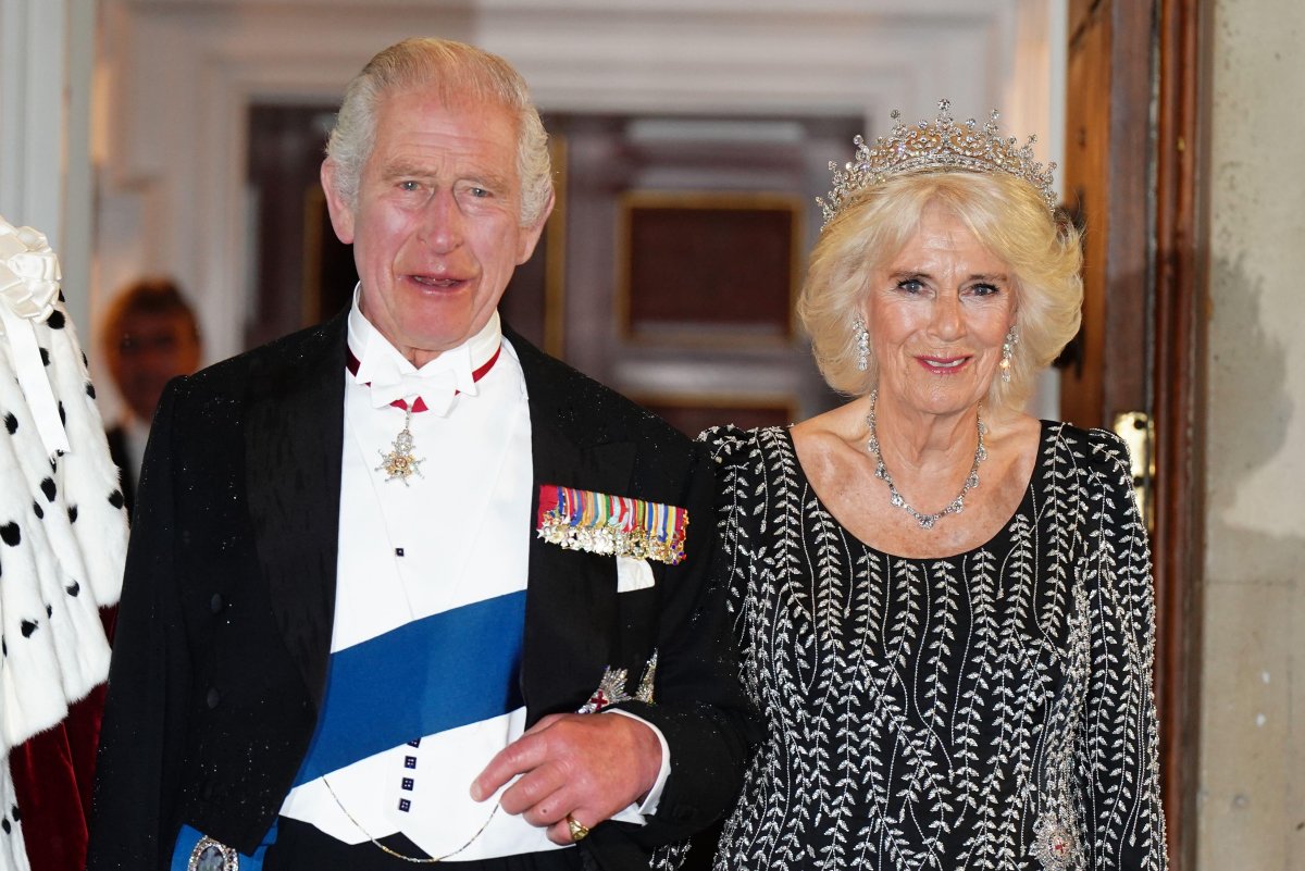 King Charles III and Queen Camilla of the United Kingdom attend a dinner at Mansion House in London on October 18, 2023 (Aaron Chown/PA Images/Alamy)