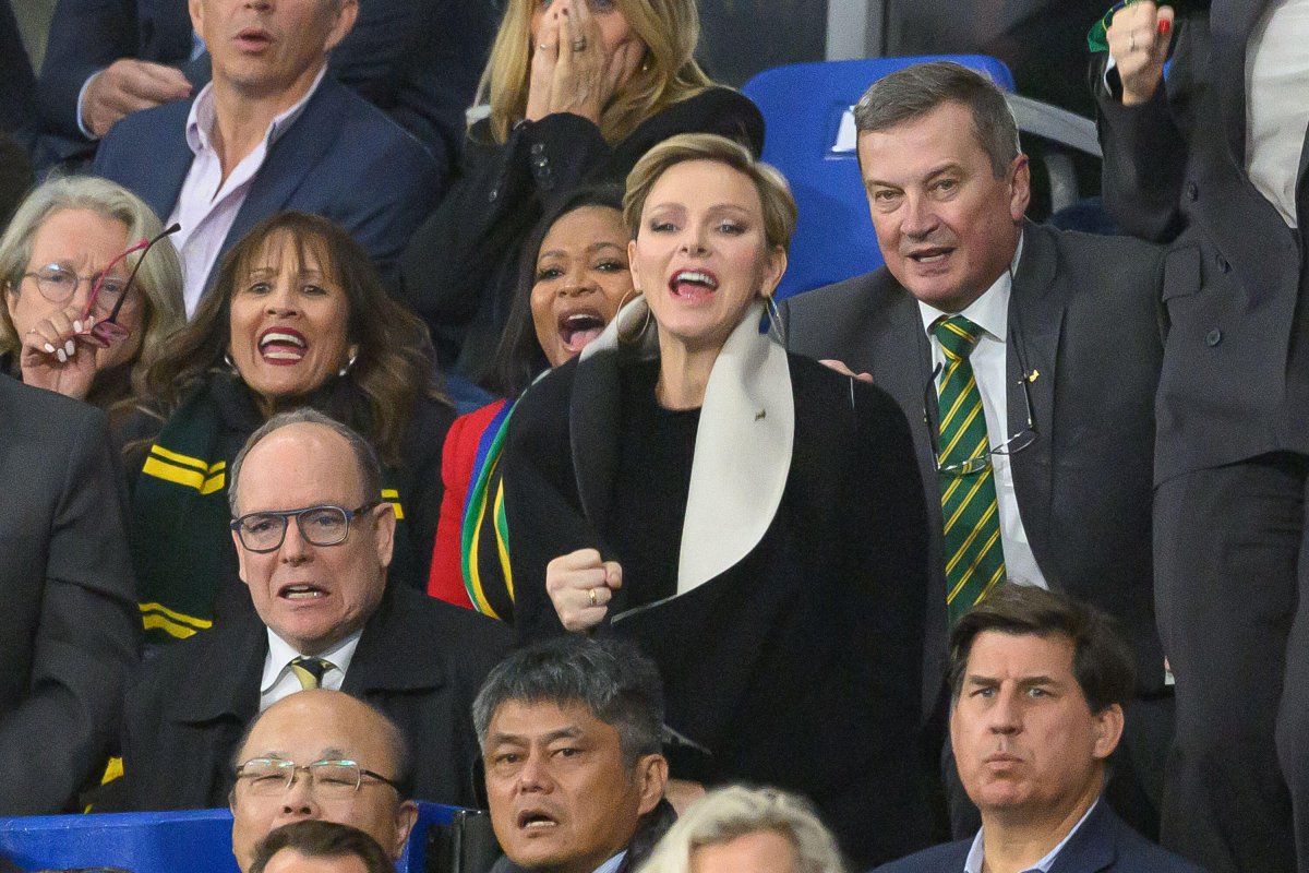 Prince Albert II and Princess Charlene of Monaco attend the Rugby World Cup match between England and South Africa in Paris on October 21, 2023 (Laurent Zabulon/Abaca Press/Alamy)