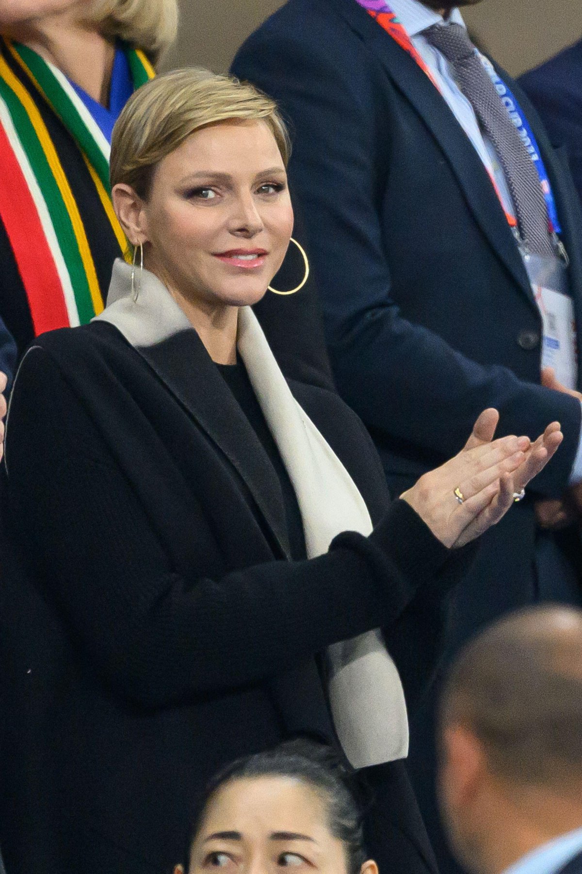 Princess Charlene of Monaco attends the Rugby World Cup match between England and South Africa in Paris on October 21, 2023 (Laurent Zabulon/Abaca Press/Alamy)