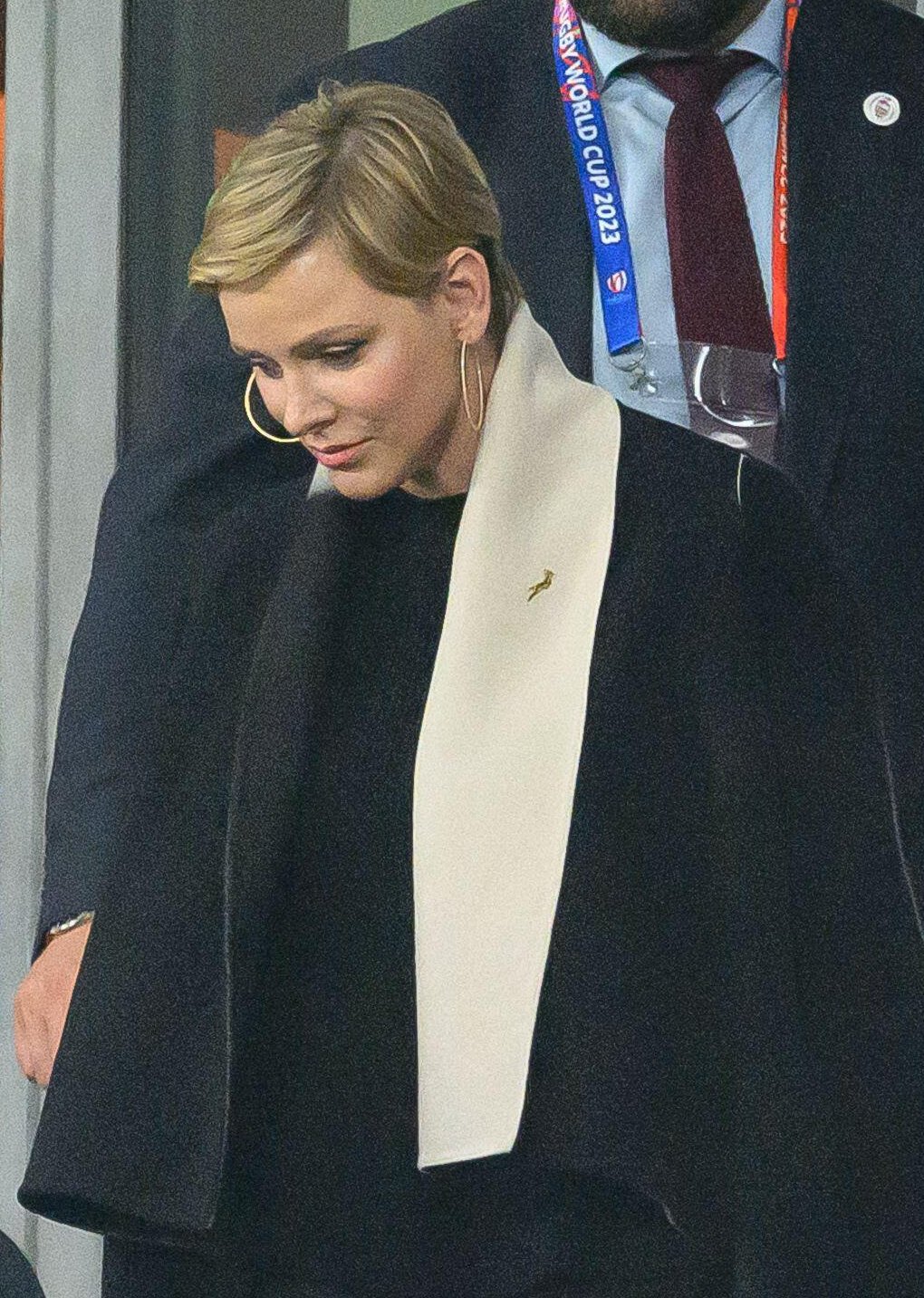 Princess Charlene of Monaco attends the Rugby World Cup match between England and South Africa in Paris on October 21, 2023 (Laurent Zabulon/Abaca Press/Alamy)