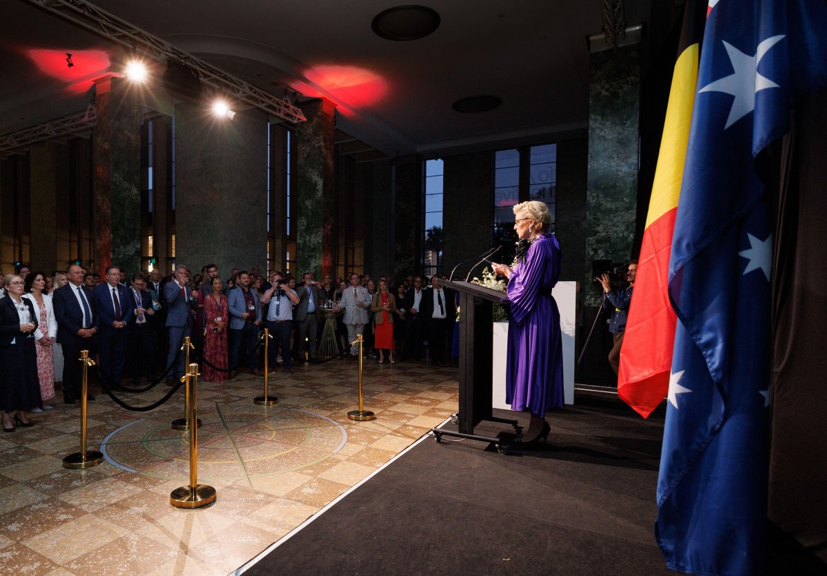 Princess Astrid of Belgium delivers a speech at an official reception during the Belgian economic mission to Australia in Sydney on October 23, 2023 (BENOIT DOPPAGNE/Belga News Agency/Alamy)