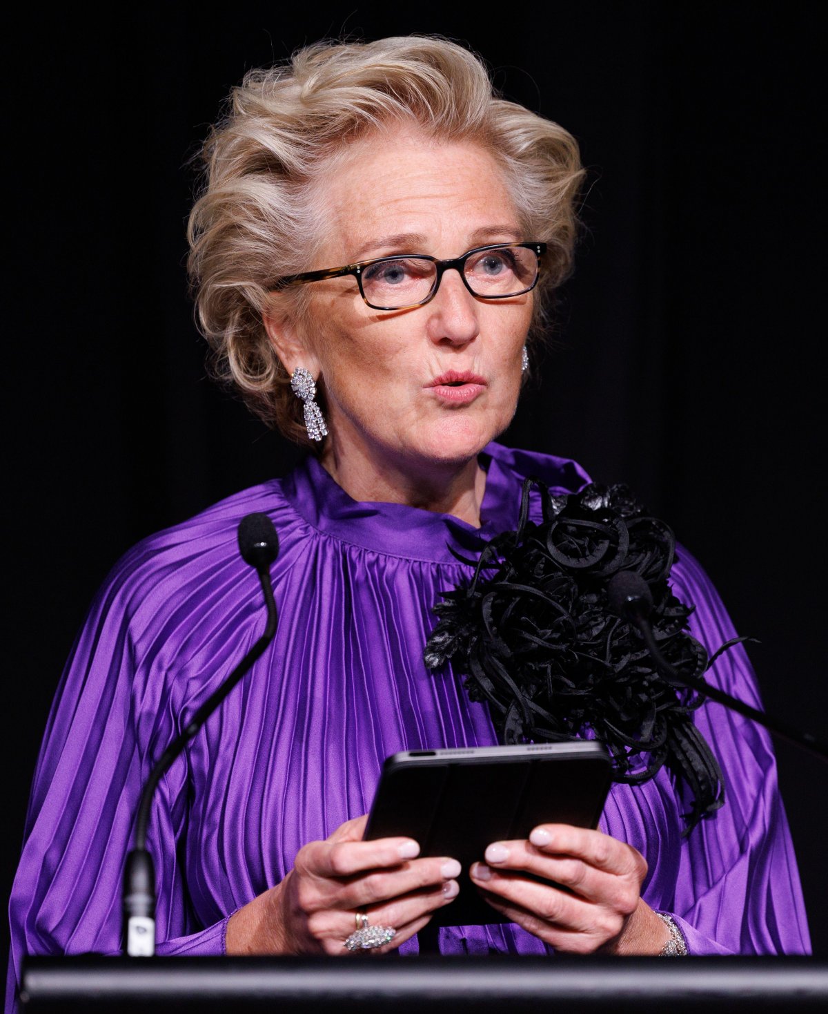 Princess Astrid of Belgium delivers a speech at an official reception during the Belgian economic mission to Australia in Sydney on October 23, 2023 (BENOIT DOPPAGNE/Belga News Agency/Alamy)