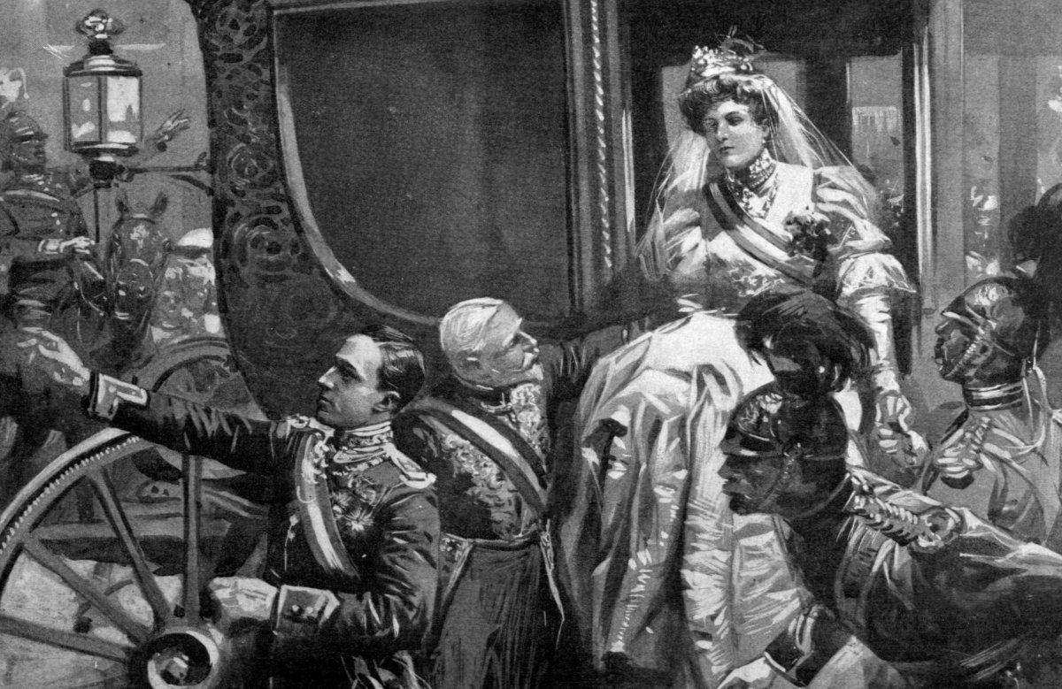 A sketch by Max Cowper for the Illustrated London News depicts the aftermath of the assassination attempt on King Alfonso XIII and Queen Ena's wedding day, 1906 (Wikimedia Commons)