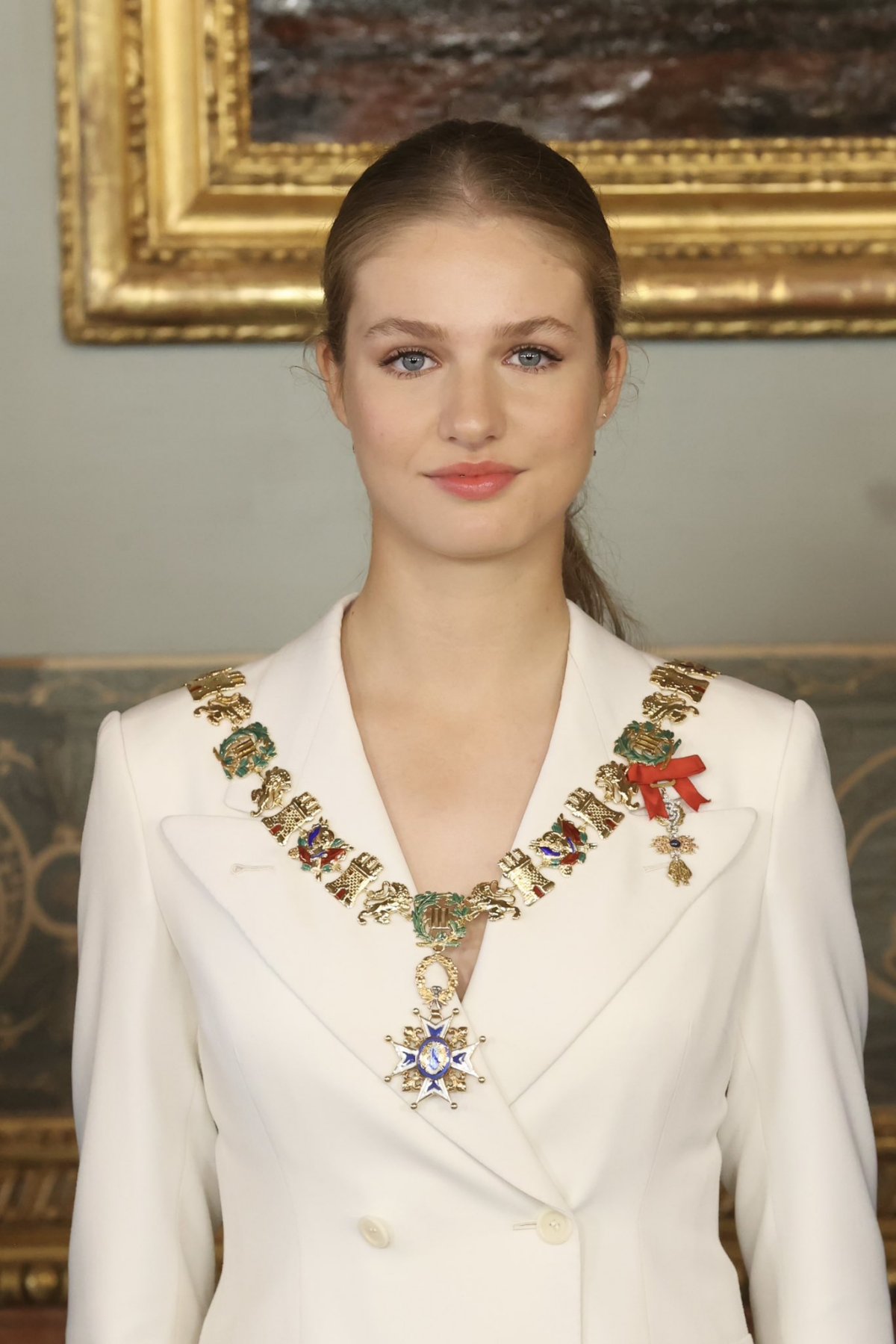 The Princess of Asturias is pictured after she was invested with the collar of the Order of Carlos III at the Royal Palace in Madrid, October 31, 2023 (Casa de S.M. el Rey)