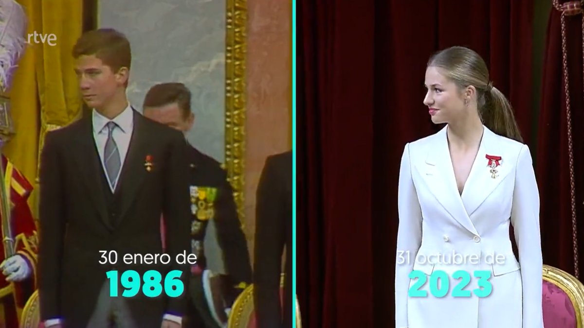 The current King of Spain, Felipe VI, is shown during his oath of allegiance to the constitution in January 1986, and his daughter, the Princess of Asturias, is pictured during the same ceremony in October 2023 (RTVe/screencapture)