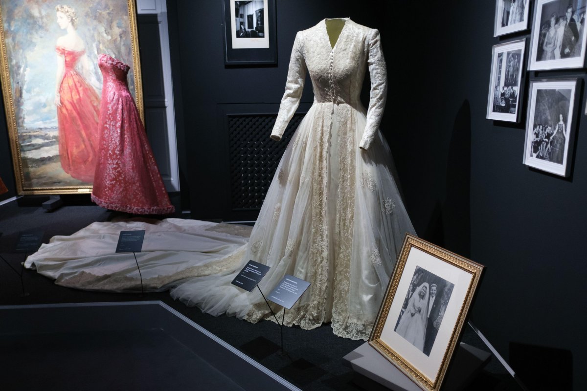 The wedding dress worn in 1947 by the 18th Duchess of Alba is displayed at the Palacio de Liria in Madrid on October 20, 2023 (Oscar Gonzalez/Sipa USA/Alamy)
