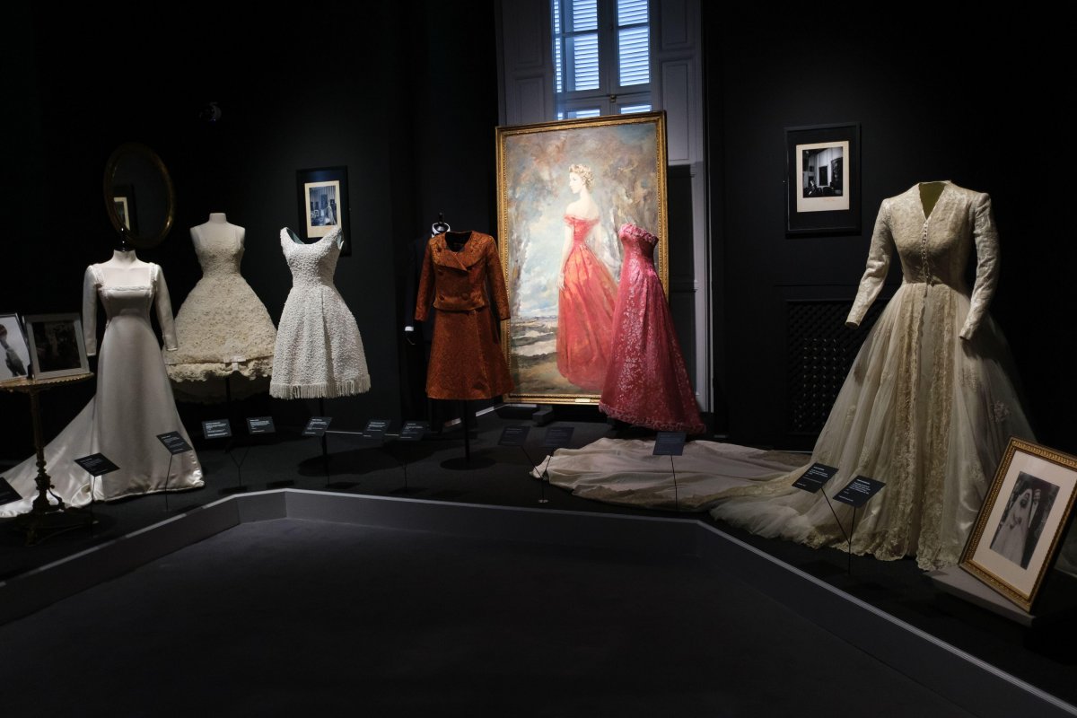 The wedding dress worn in 1947 by the 18th Duchess of Alba is displayed alongside other garments at the Palacio de Liria in Madrid on October 20, 2023 (Oscar Gonzalez/Sipa USA/Alamy)