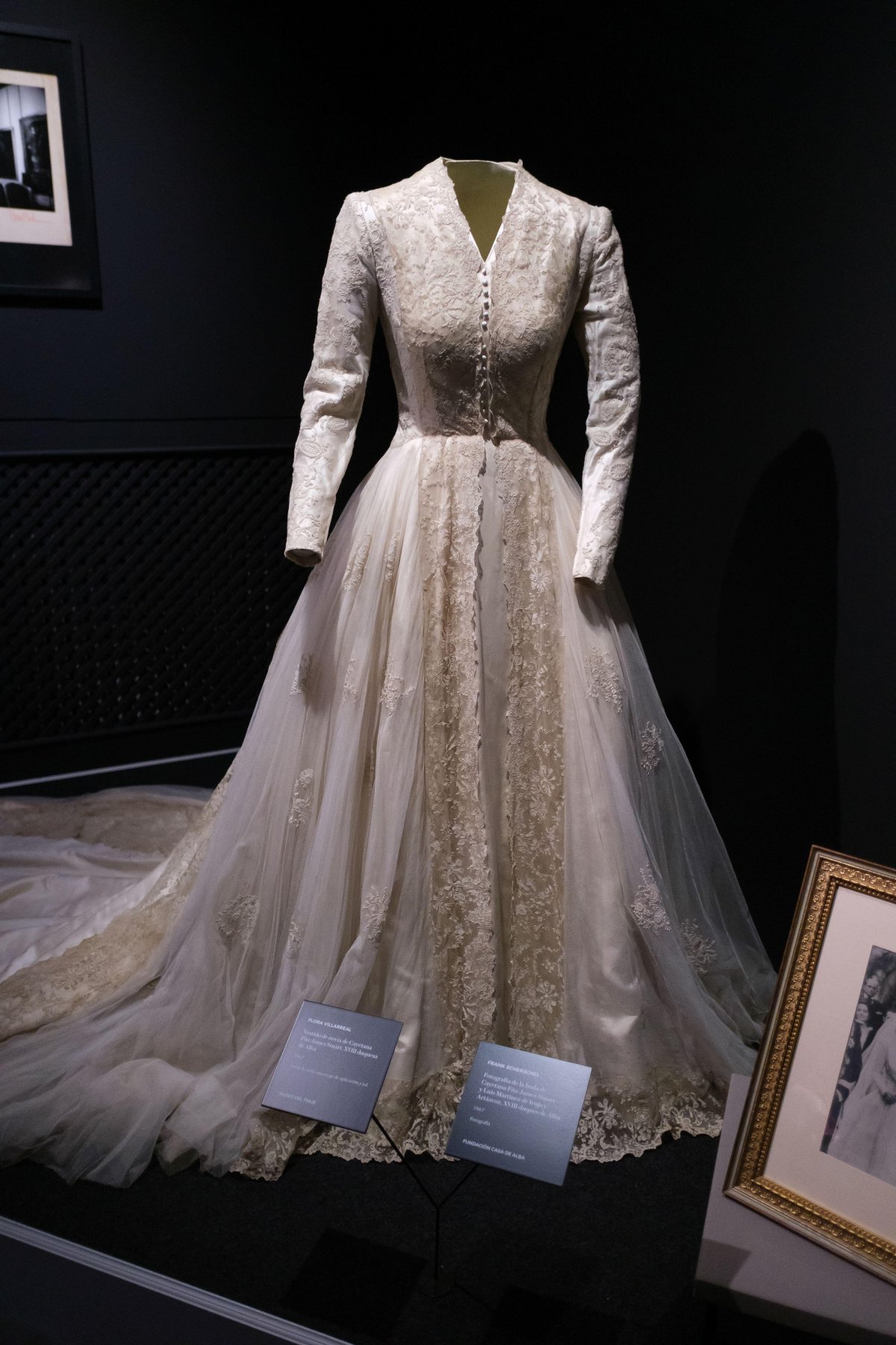 The wedding dress worn in 1947 by the 18th Duchess of Alba is displayed at the Palacio de Liria in Madrid on October 20, 2023 (Oscar Gonzalez/Sipa USA/Alamy)