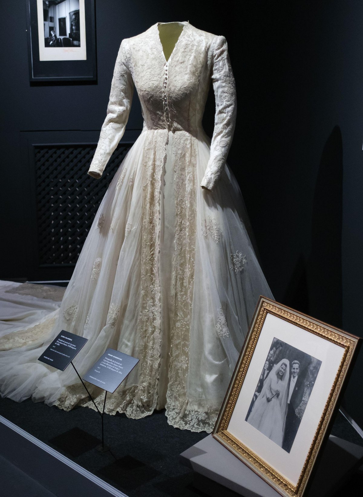 The wedding dress worn in 1947 by the 18th Duchess of Alba is displayed at the Palacio de Liria in Madrid on October 20, 2023 (Oscar Gonzalez/Sipa USA/Alamy)