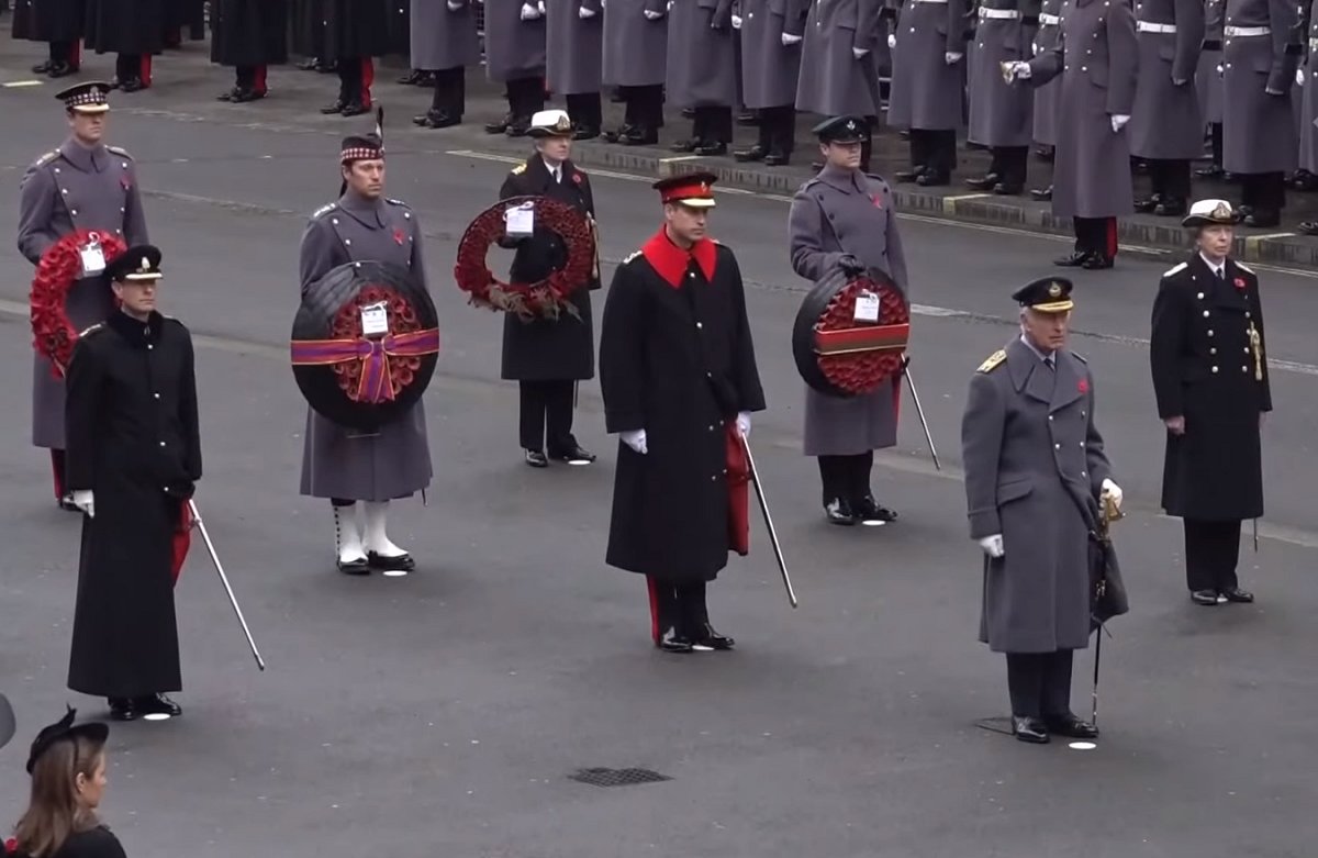 King Charles III, the Prince of Wales, the Princess Royal, and the Duke of Edinburgh take part in the Remembrance Sunday service at the Cenotaph in London on November 12, 2023 (screencapture)
