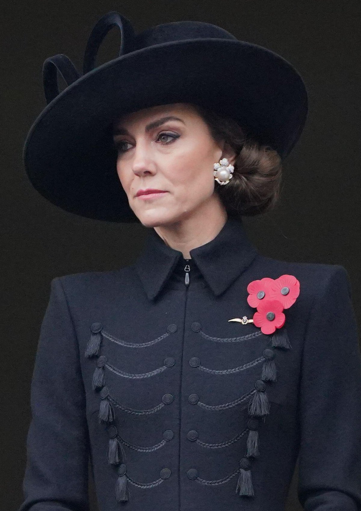 The Princess of Wales takes part in the Remembrance Sunday service from a balcony at the Foreign, Commonwealth and Development Office overlooking the Cenotaph in London on November 12, 2023 (Jonathan Brady/PA Images/Alamy)