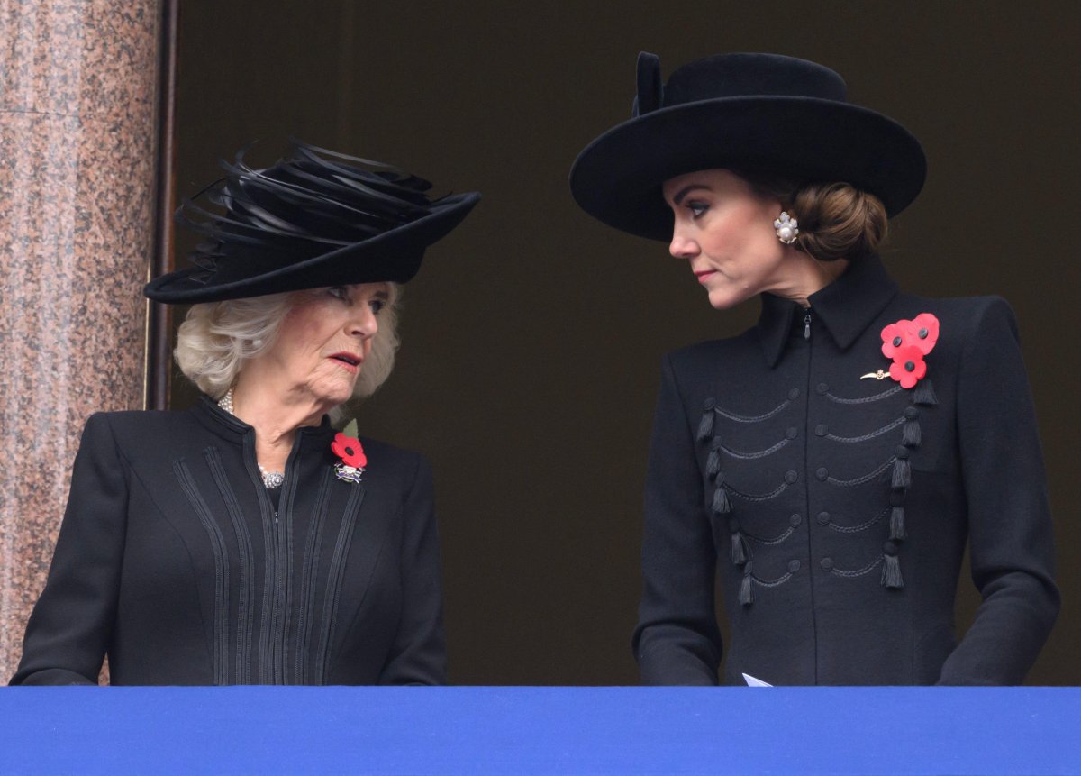 The Queen and the Princess of Wales take part in the Remembrance Sunday service from a balcony at the Foreign, Commonwealth and Development Office overlooking the Cenotaph in London on November 12, 2023 (Doug Peters/EMPICS/Alamy)
