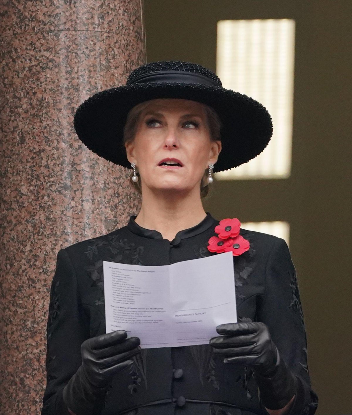 The Duchess of Edinburgh takes part in the Remembrance Sunday service from a balcony at the Foreign, Commonwealth and Development Office overlooking the Cenotaph in London on November 12, 2023 (Jonathan Brady/PA Images/Alamy)