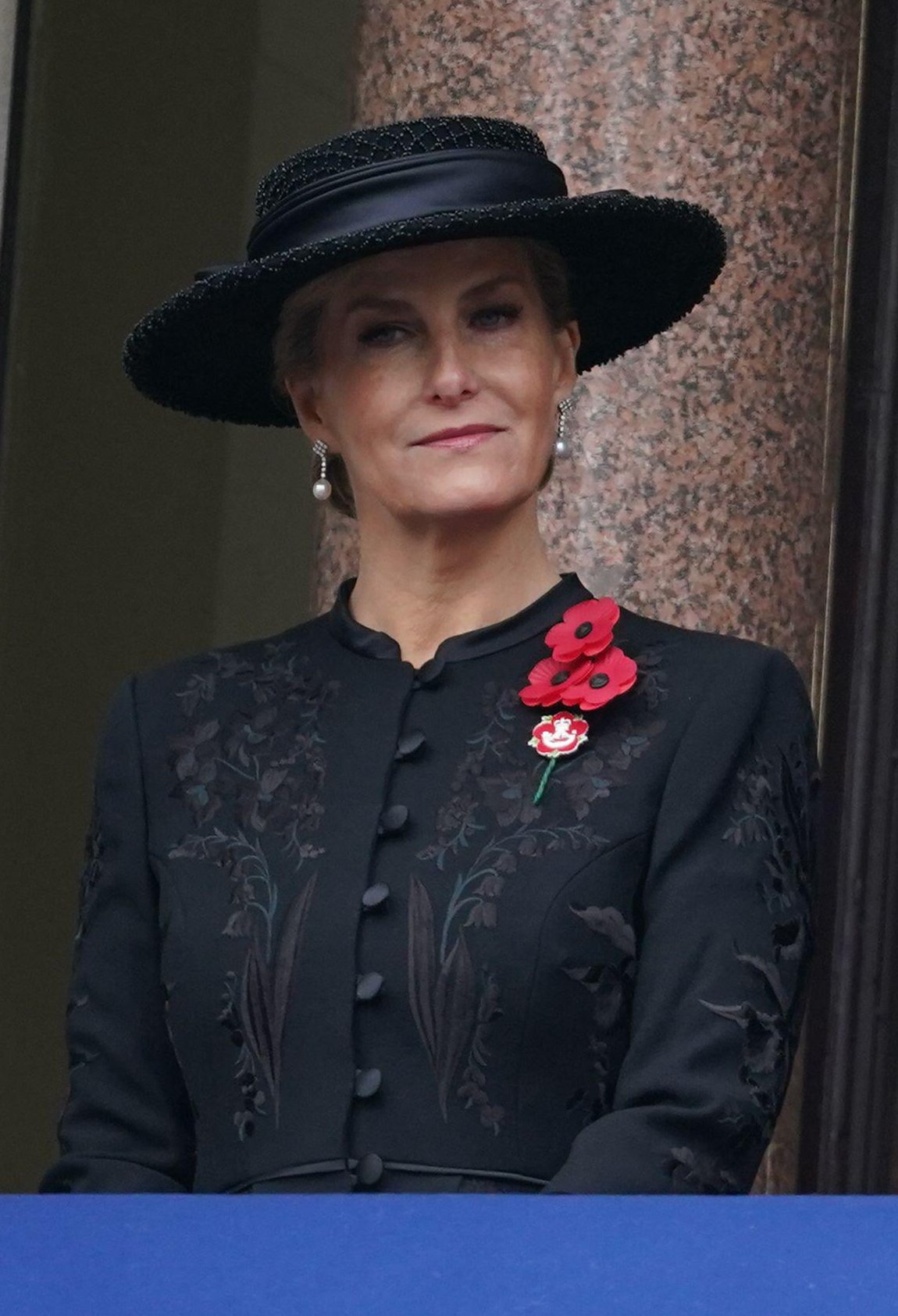 The Duchess of Edinburgh takes part in the Remembrance Sunday service from a balcony at the Foreign, Commonwealth and Development Office overlooking the Cenotaph in London on November 12, 2023 (Yui Mok/PA Images/Alamy)