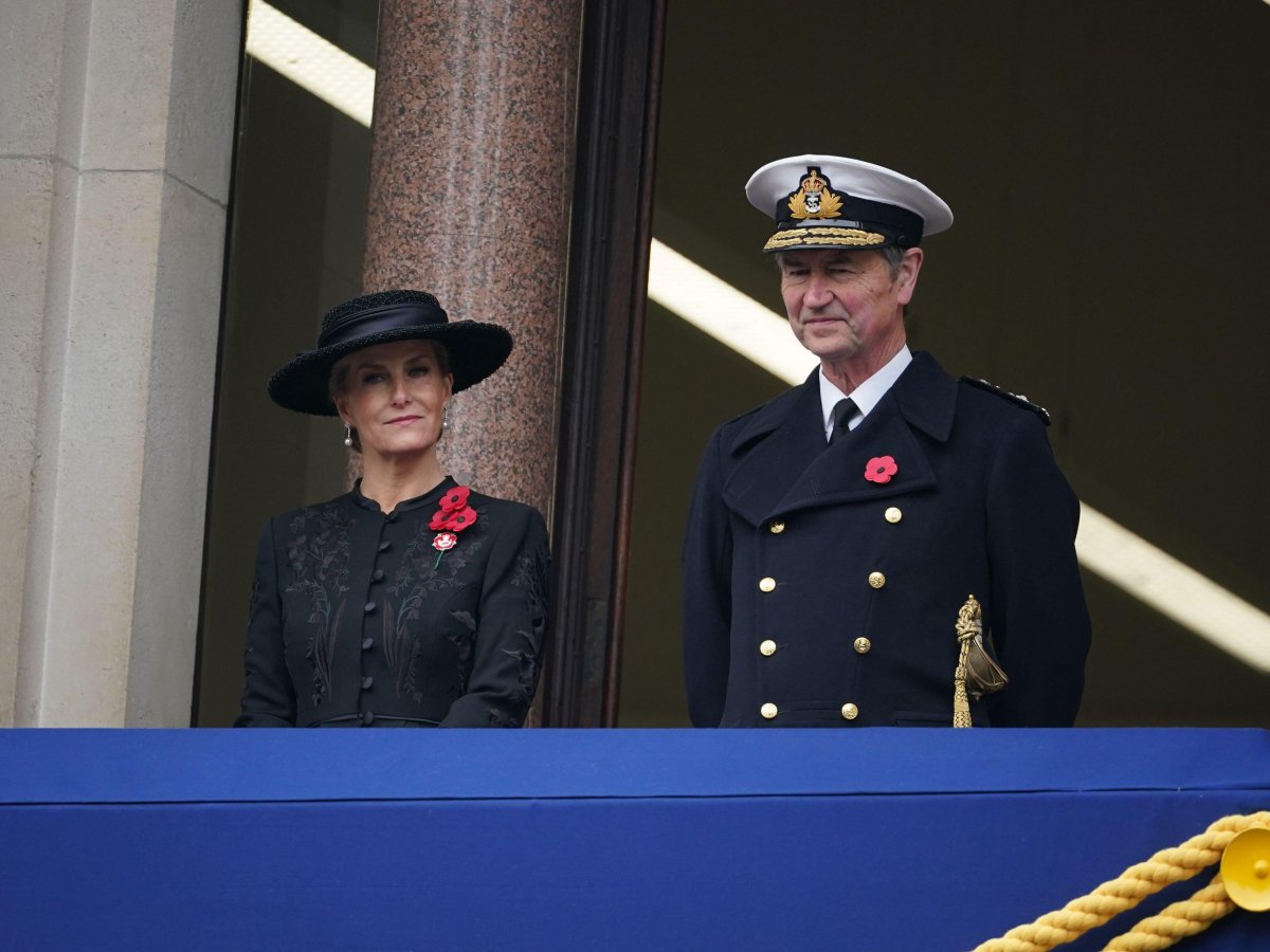 The Duchess of Edinburgh and Sir Timothy Laurence take part in the Remembrance Sunday service from a balcony at the Foreign, Commonwealth and Development Office overlooking the Cenotaph in London on November 12, 2023 (Yui Mok/PA Images/Alamy)