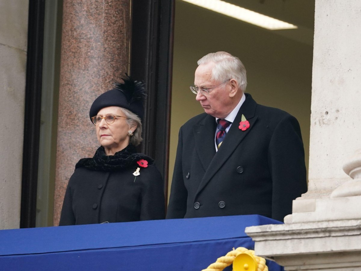 The Duke and Duchess of Gloucester take part in the Remembrance Sunday service from a balcony at the Foreign, Commonwealth and Development Office overlooking the Cenotaph in London on November 12, 2023 (Yui Mok/PA Images/Alamy)
