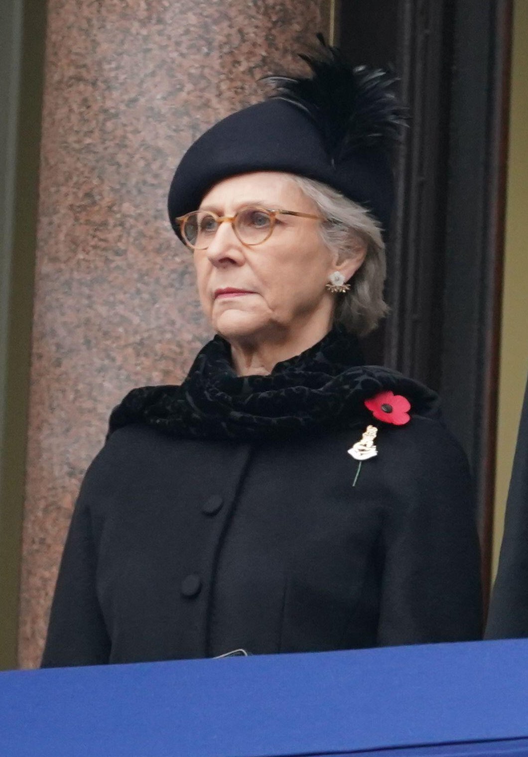 The Duchess of Gloucester takes part in the Remembrance Sunday service from a balcony at the Foreign, Commonwealth and Development Office overlooking the Cenotaph in London on November 12, 2023 (Yui Mok/PA Images/Alamy)