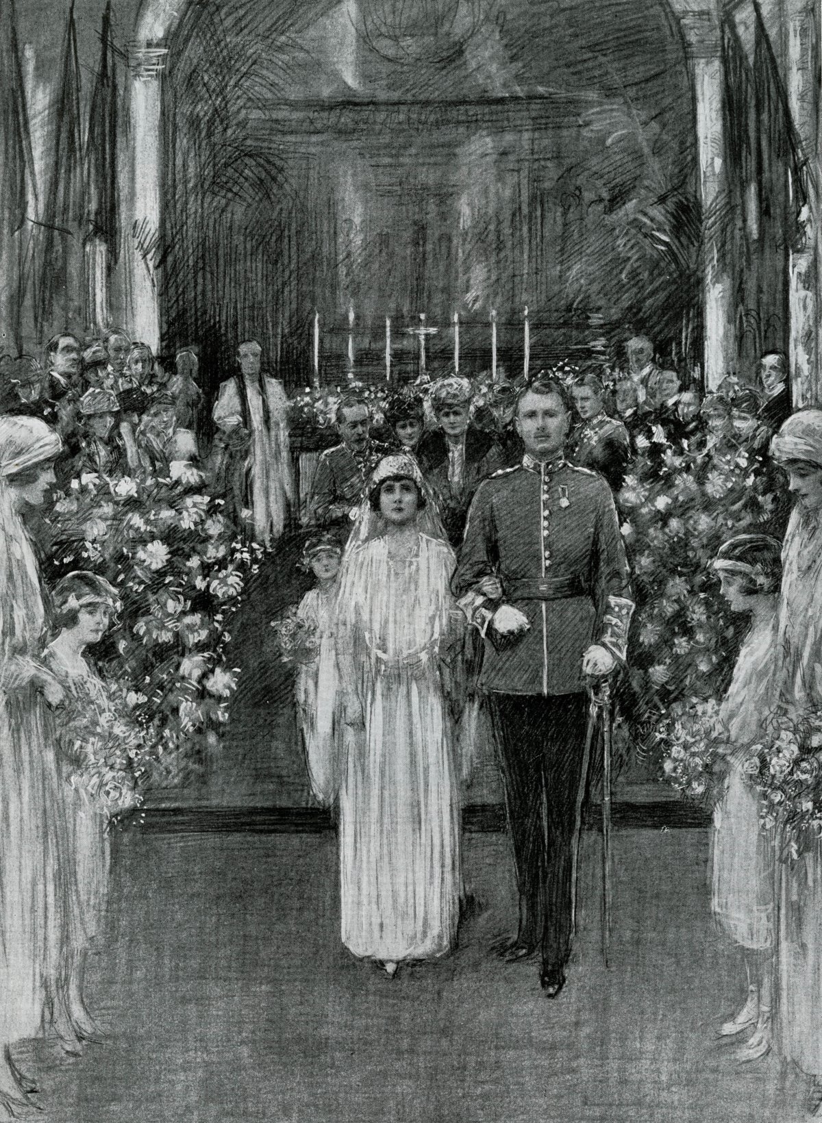 An illustration by Balliol Salmon depicts Princess Maud and Lord Carnegie's wedding at the Guards' Chapel, Wellington Barracks in London on November 12, 1923 (Chronicle/Alamy)