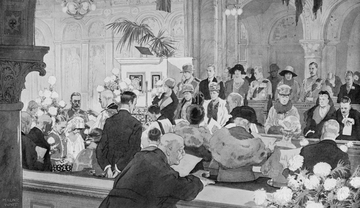 An illustration by Millar Watt depicts Princess Maud and Lord Carnegie's wedding at the Guards' Chapel, Wellington Barracks in London on November 12, 1923 (Chronicle/Alamy)