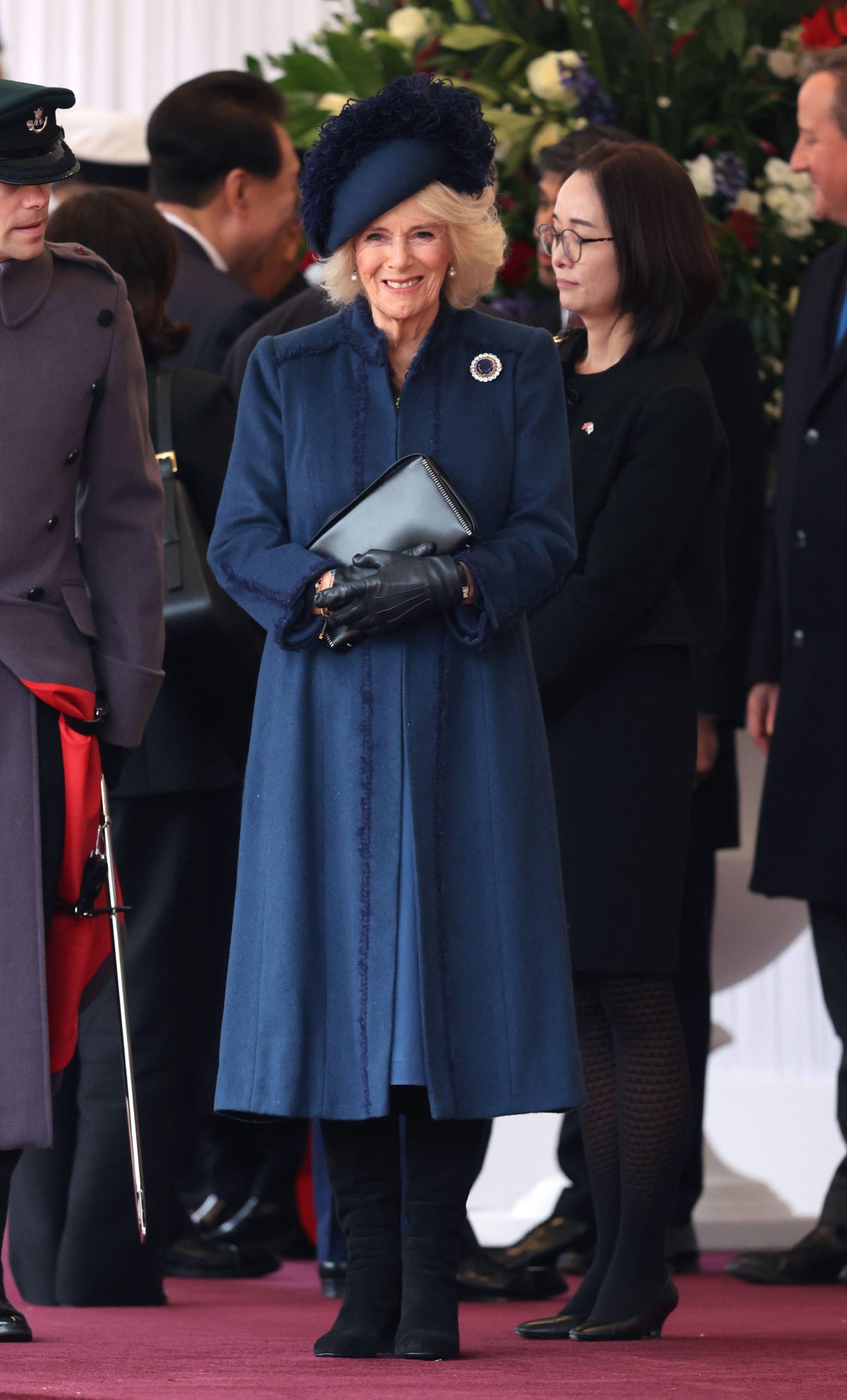 Queen Camilla attends an official welcome ceremony for the President of South Korea at Horse Guards Parade in London on November 21, 2023 (Chris Jackson/PA Images/Alamy)