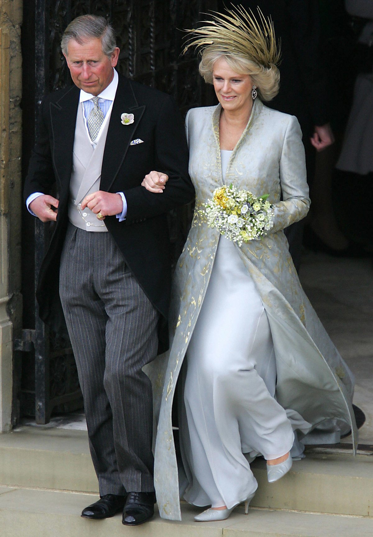 The Prince of Wales and the Duchess of Cornwall leave St. George's Chapel after their marriage blessing ceremony in Windsor on April 9, 2005 (ODD ANDERSEN/AFP/Getty Images)