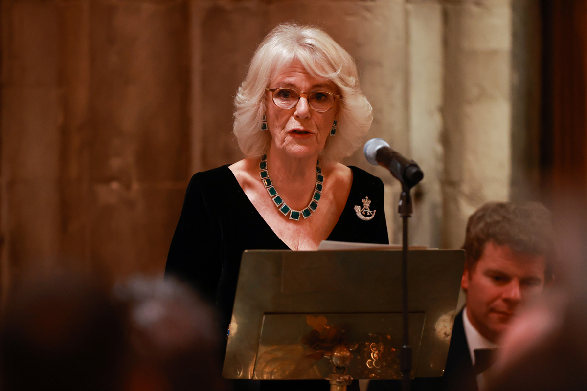 The Duchess of Cornwall delivers remarks during the Rifles Awards Dinner at the Guildhall in London on November 24, 2021 (Hannah McKay - WPA Pool/Getty Images)