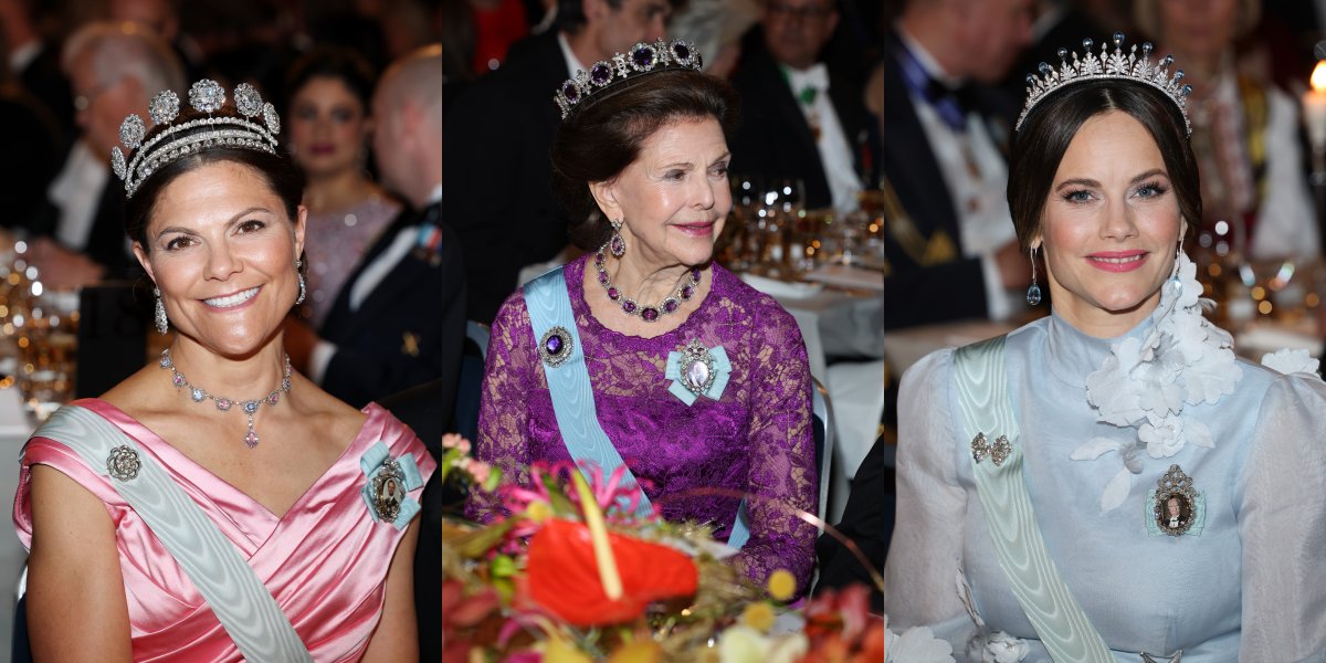 Crown Princess Victoria, Queen Silvia, and Princess Sofia of Sweden attend the Nobel Prize banquet in Stockholm on December 10, 2022 (Pascal Le Segretain/Getty Images)