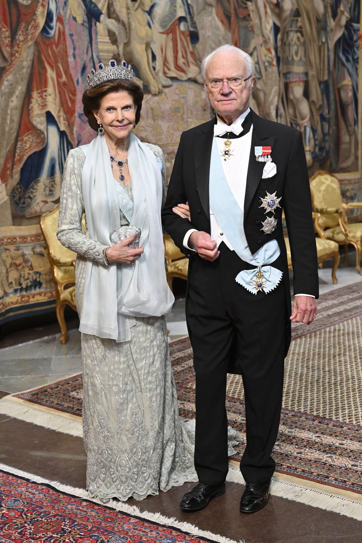 King Carl XVI Gustaf and Queen Silvia of Sweden attend the King's Dinner for Nobel laureates at the Royal Palace in Stockholm on December 11, 2023 (Jonas Ekströmer/TT News Agency/Alamy)