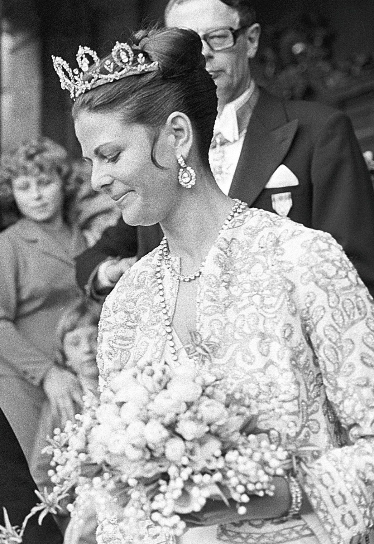 Silvia Sommerlath arrives for a gala concert on the night before her wedding to King Carl XVI Gustaf of Sweden in Stockholm, June 18, 1976 (Classic Picture Library/Alamy)