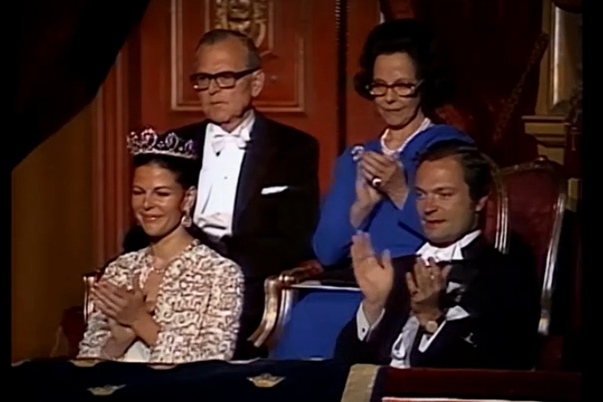 King Carl XVI Gustaf of Sweden and Silvia Sommerlath, with Walther and Alice Sommerlath, attend a gala concert in Stockholm on the night before their royal wedding, June 18, 1976 (SVT)