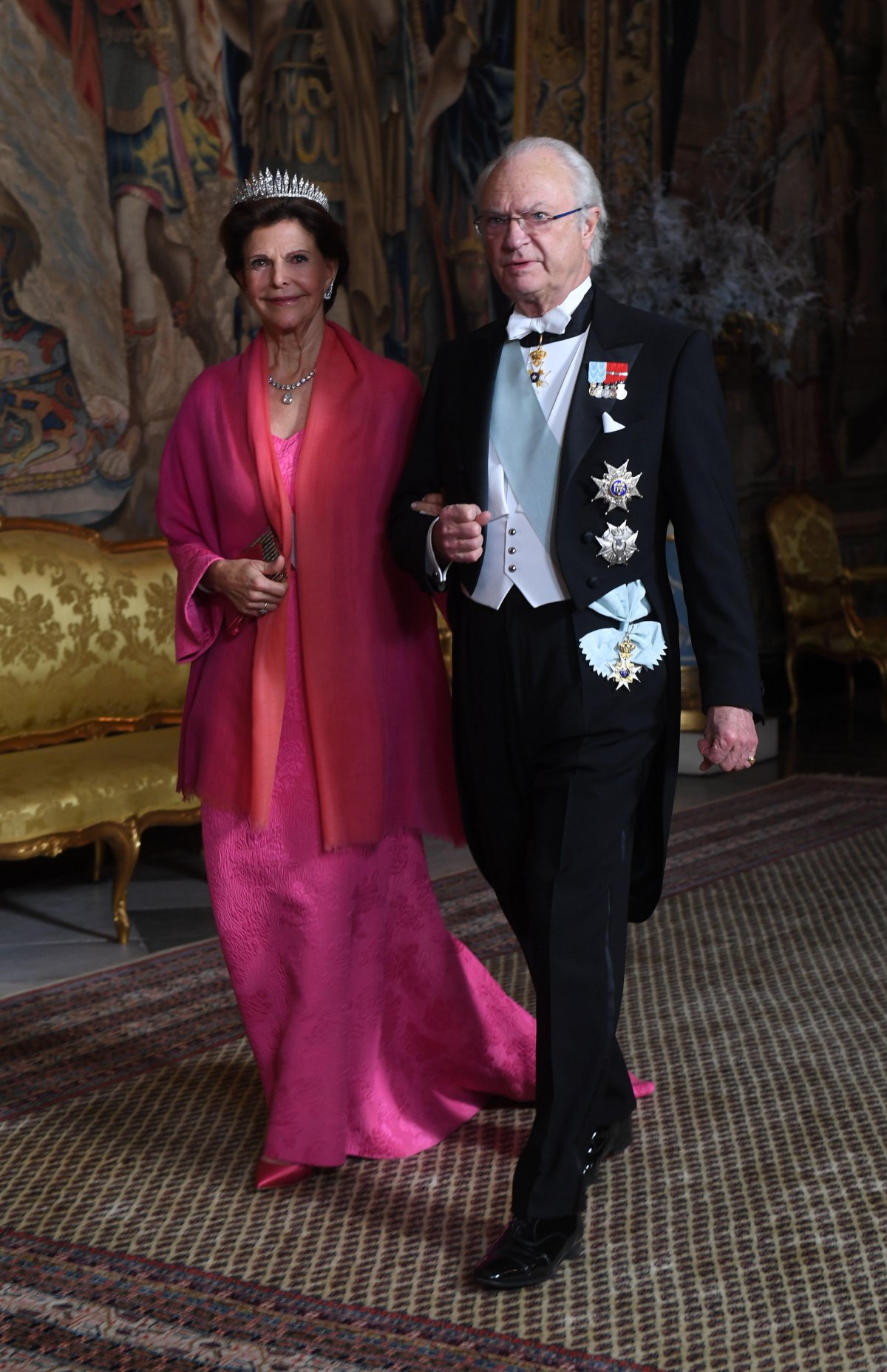 King Carl XVI Gustaf and Queen Silvia of Sweden attend the King's Dinner for Nobel laureates at the Royal Palace in Stockholm on December 11, 2018 (Fredrik Sandberg/TT News Agency/Alamy)