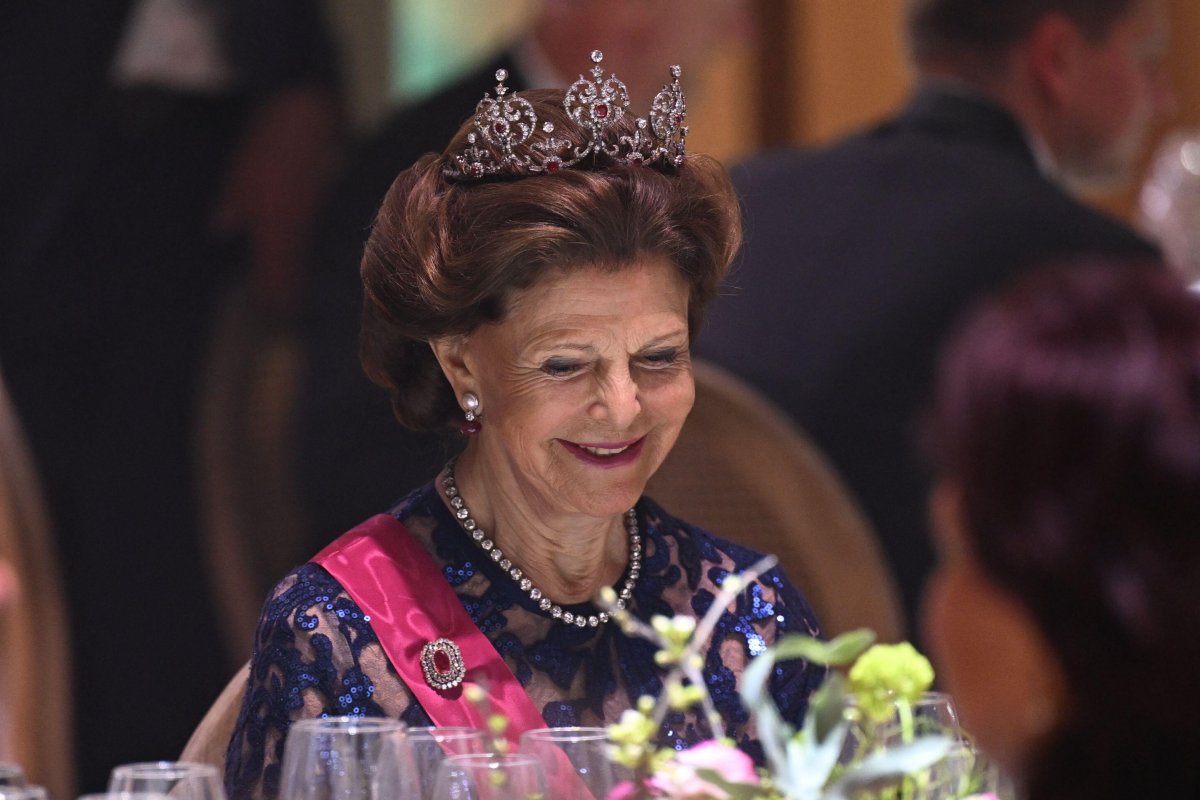 Queen Silvia of Sweden attends a state dinner in Tallinn during the Estonian state visit on May 2, 2023 (Pontus Lundahl/TT News Agency/Alamy)
