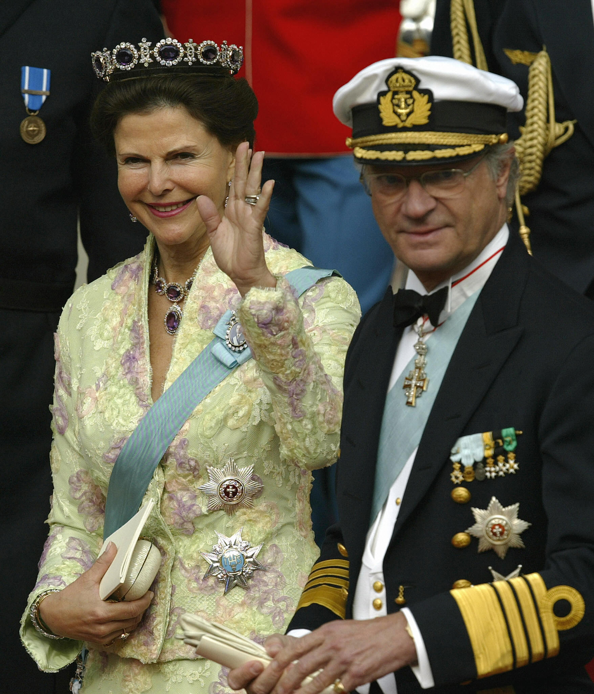 King Carl XVI Gustaf and Queen Silvia of Sweden attend the wedding of Crown Prince Frederik of Denmark and Mary Elizabeth Donaldson in Copenhagen on May 14, 2004 (SVEN NACKSTRAND/AFP/Getty Images)