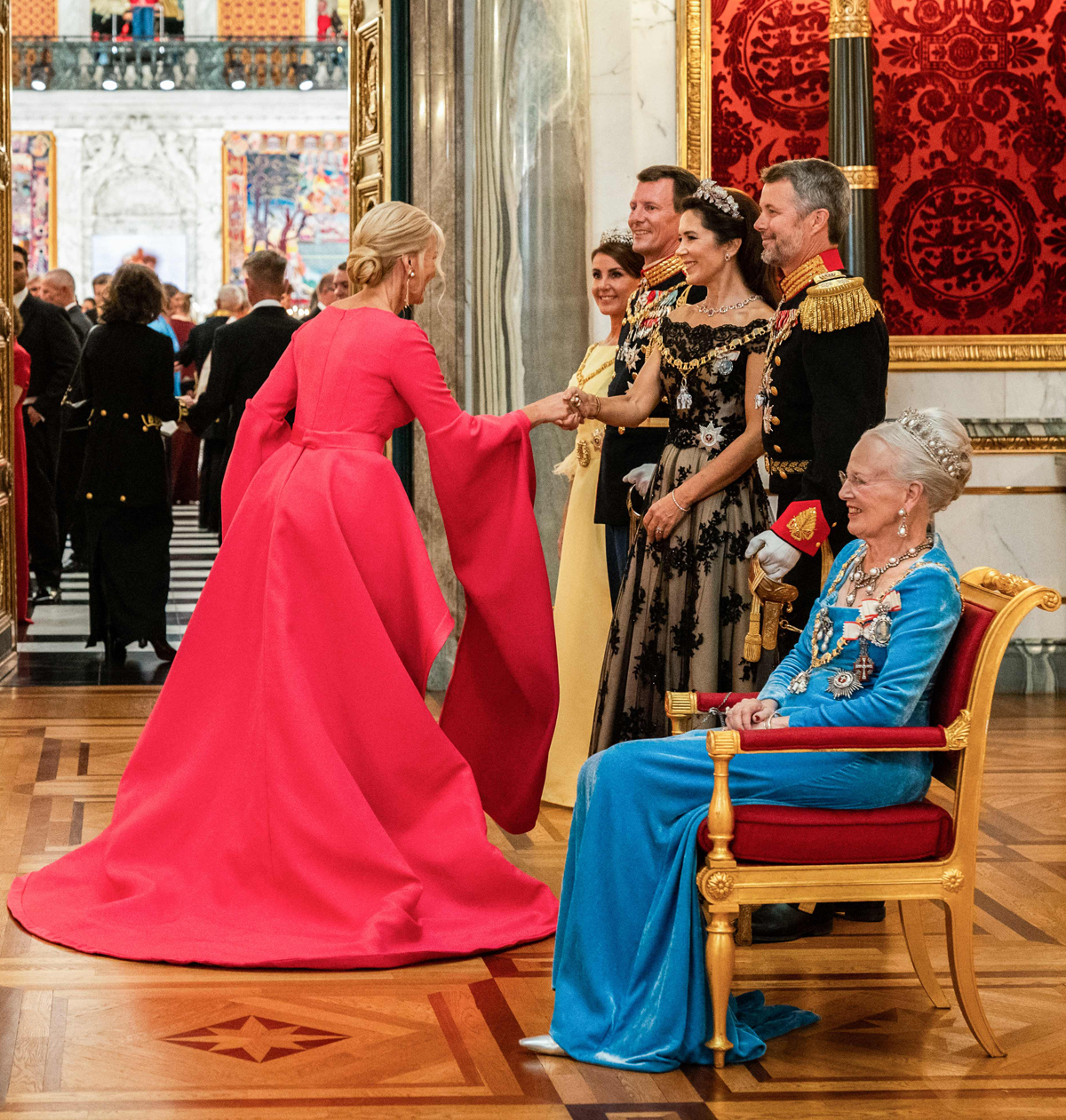 Queen Margrethe II of Denmark greets guests ahead of a gala banquet celebrating her Golden Jubilee at Christiansborg Palace in Copenhagen on September 11, 2022 (IDA MARIE ODGAARD/Ritzau Scanpix/AFP via Getty Images)