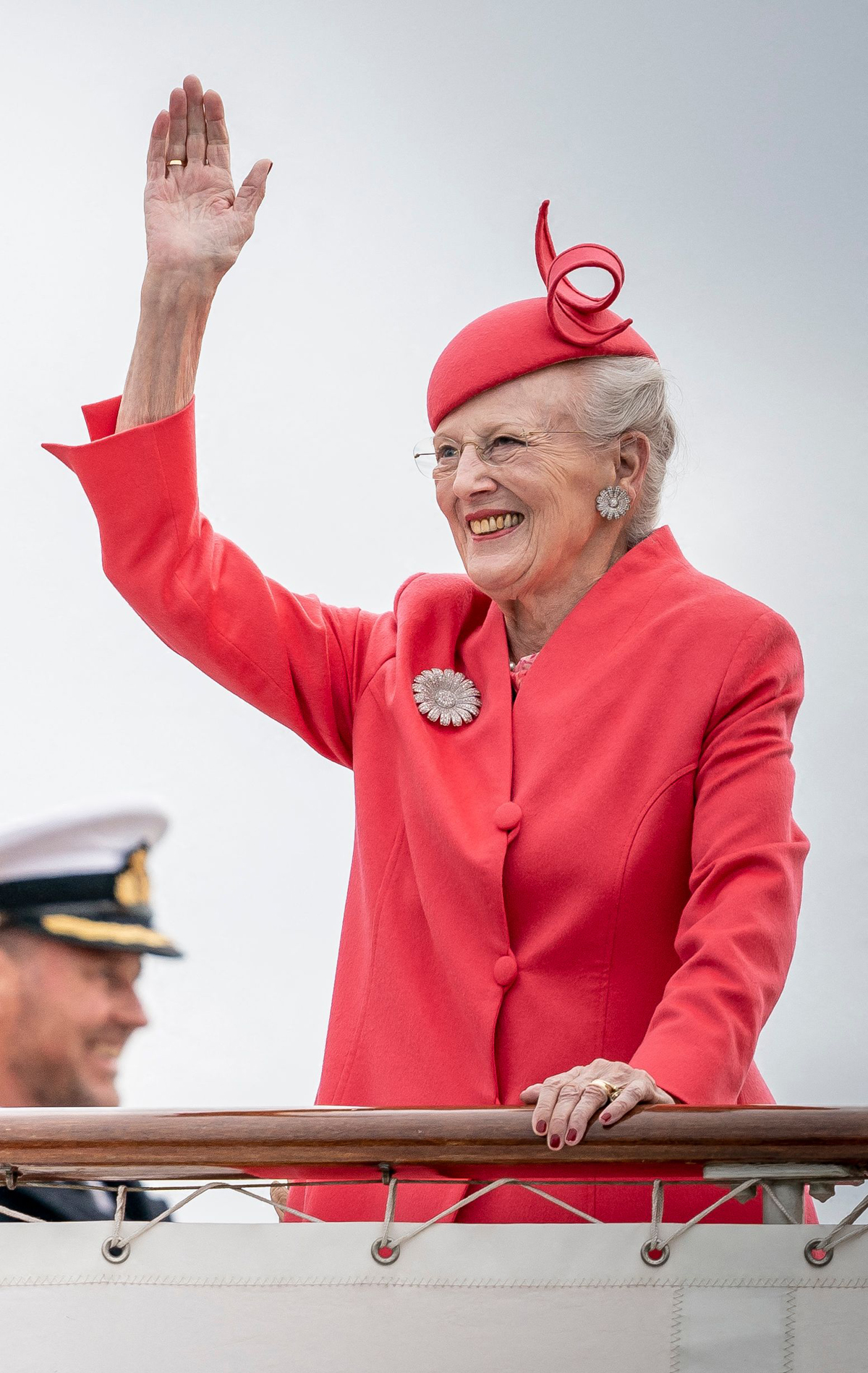 Queen Margrethe II of Denmark waves from the Royal Yacht Dannebrog during her Golden Jubilee celebrations in Copenhagen on September 11, 2022 (MADS CLAUS RASMUSSEN/Ritzau Scanpix/AFP via Getty Images)