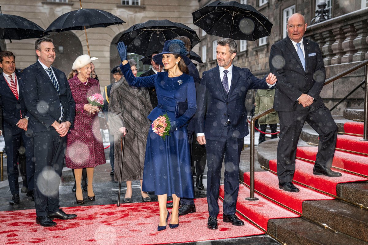 The King and Queen of Denmark arrive for a reception at the Folketing, Denmark's parliament, at Christiansborg Palace in Copenhagen on January 15, 2024 (Thomas Traasdahl/Ritzau Scanpix/Alamy)