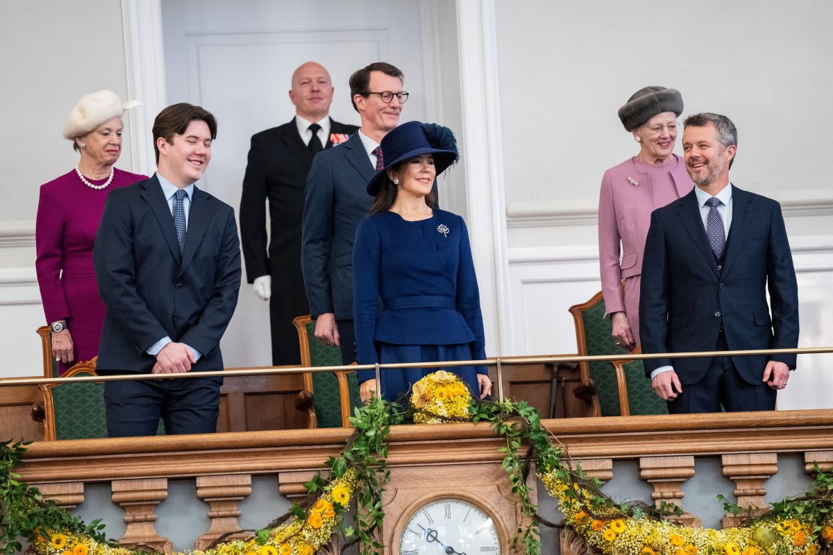 The King and Queen of Denmark, with Crown Prince Christian, Queen Margrethe, Prince Joachim, and Princess Benedikte, attend a reception at the Folketing, Denmark's parliament, at Christiansborg Palace in Copenhagen on January 15, 2024 (Ida Marie Odgaard/Ritzau Scanpix/Alamy)