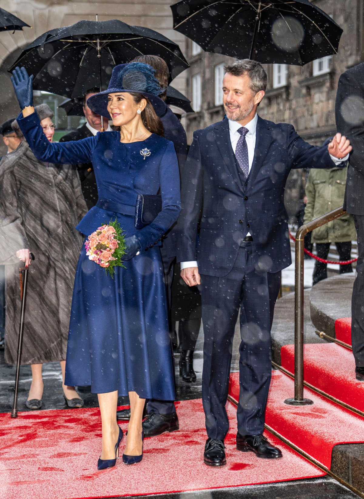 The King and Queen of Denmark arrive for a reception at the Folketing, Denmark's parliament, at Christiansborg Palace in Copenhagen on January 15, 2024 (Thomas Traasdahl/Ritzau Scanpix/Alamy)