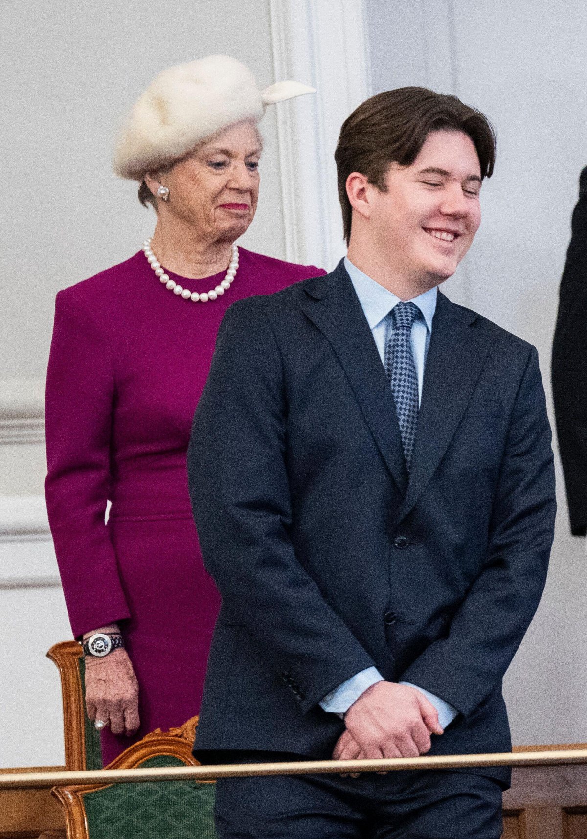 Princess Benedikte and Crown Prince Christian of Denmark attend a reception at the Folketing, Denmark's parliament, at Christiansborg Palace in Copenhagen on January 15, 2024 (Ida Marie Odgaard/Ritzau Scanpix/Alamy)