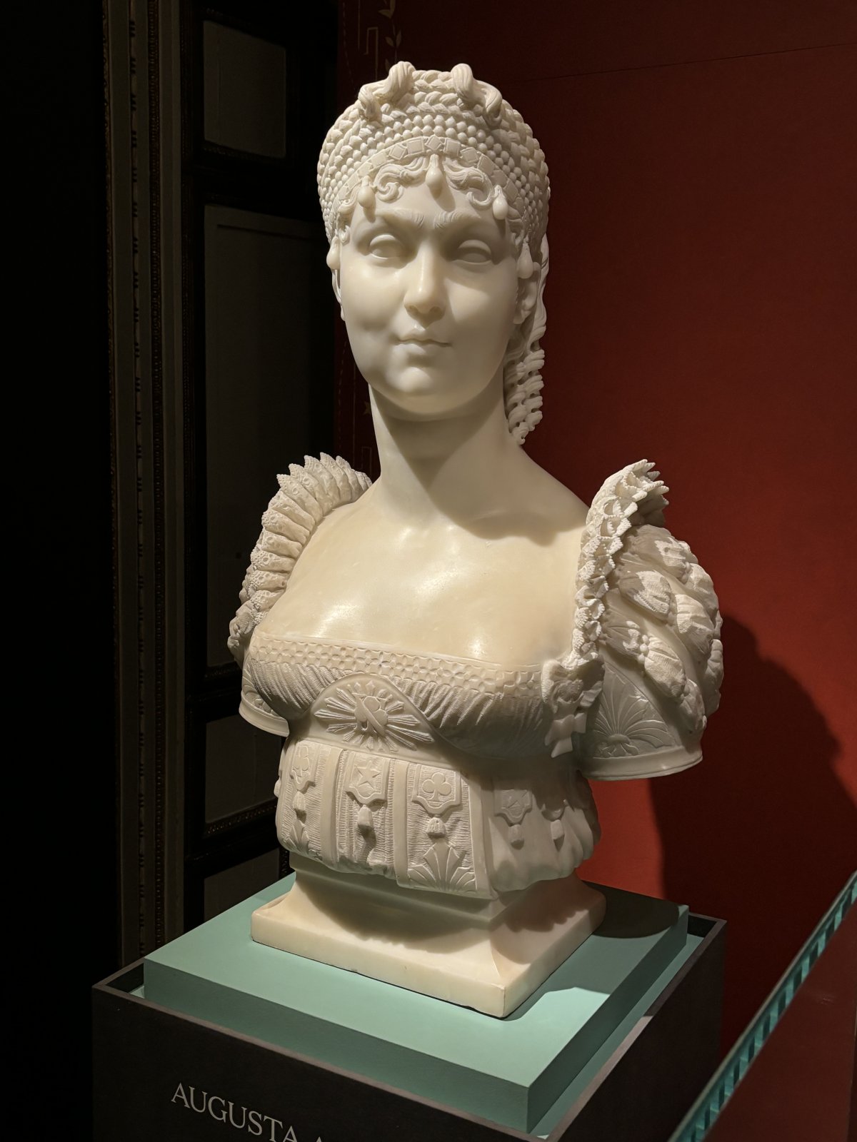A bust of Princess Augusta of Bavaria, Duchess of Leuchtenberg is displayed in Stockholm, December 2023 (Photograph generously shared by Kristina Solberg; do not reproduce)