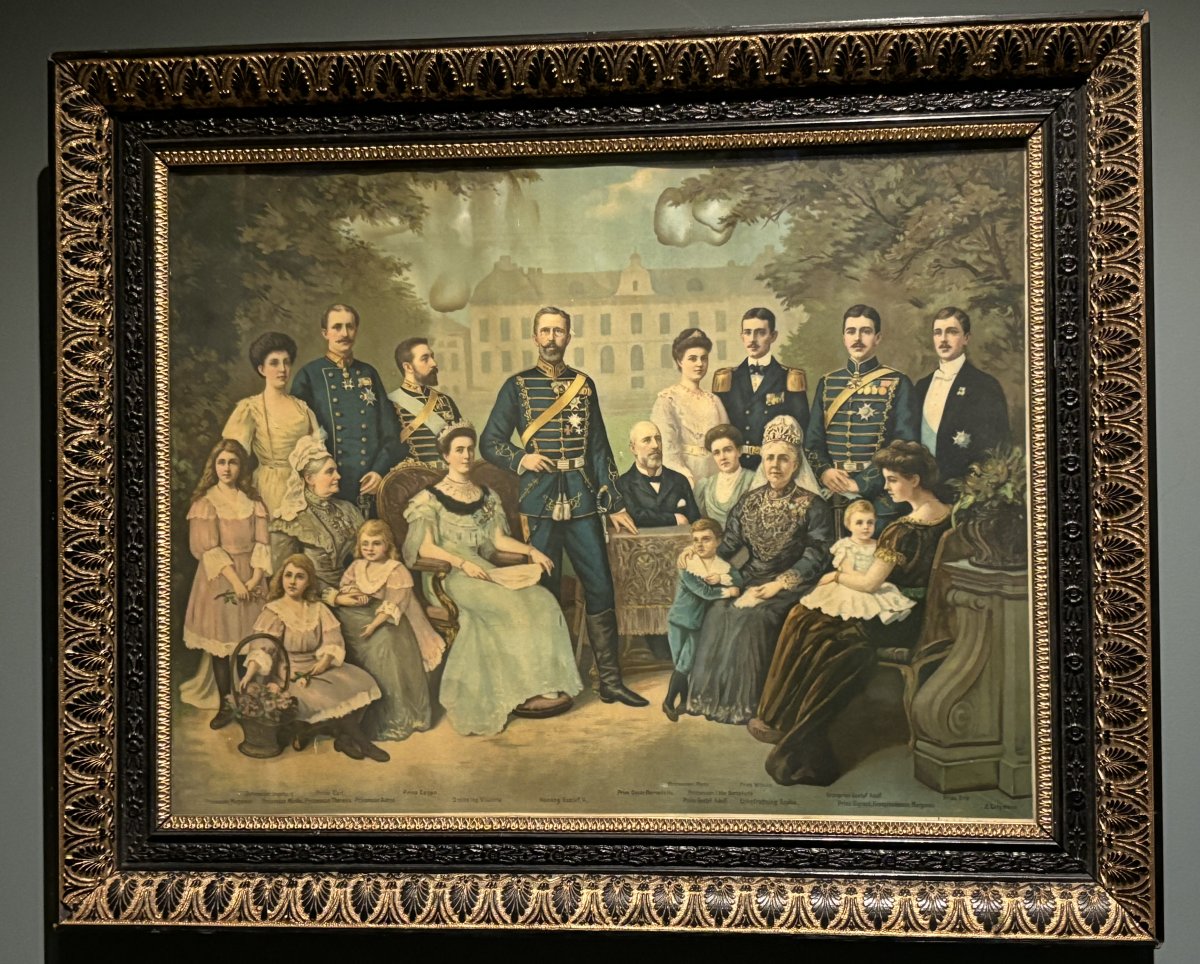 An illustrated portrait of the Bernadotte family, ca. 1908, is displayed in Stockholm, December 2023 (Photograph generously shared by Kristina Solberg; do not reproduce)