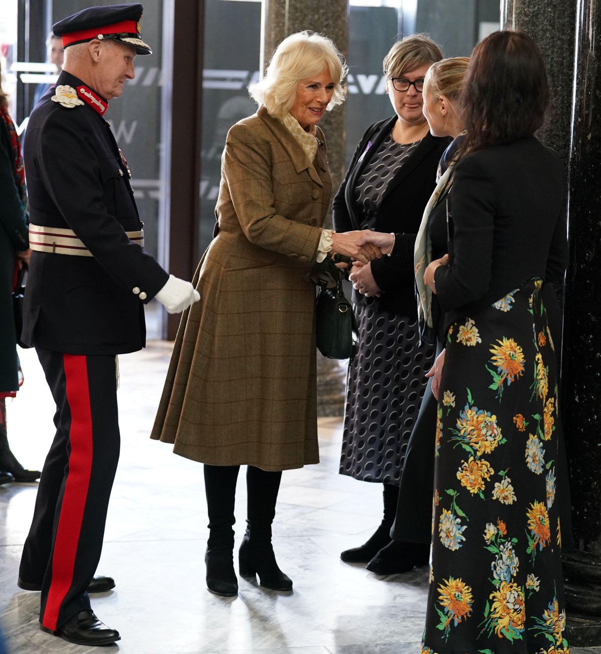 Queen Camilla arrives to open the new Safe Space during a visit to Aberdeen Art Gallery on January 18, 2024 (Andrew Milligan/PA Images/Alamy)