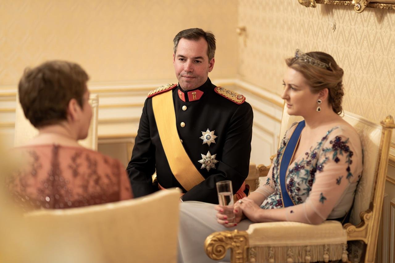 The Hereditary Grand Duke and Hereditary Grand Duchess of Luxembourg attend the New Year reception at the Grand Ducal Palace on January 18, 2024 (Maison du Grand-Duc/Kary Barthelmey)