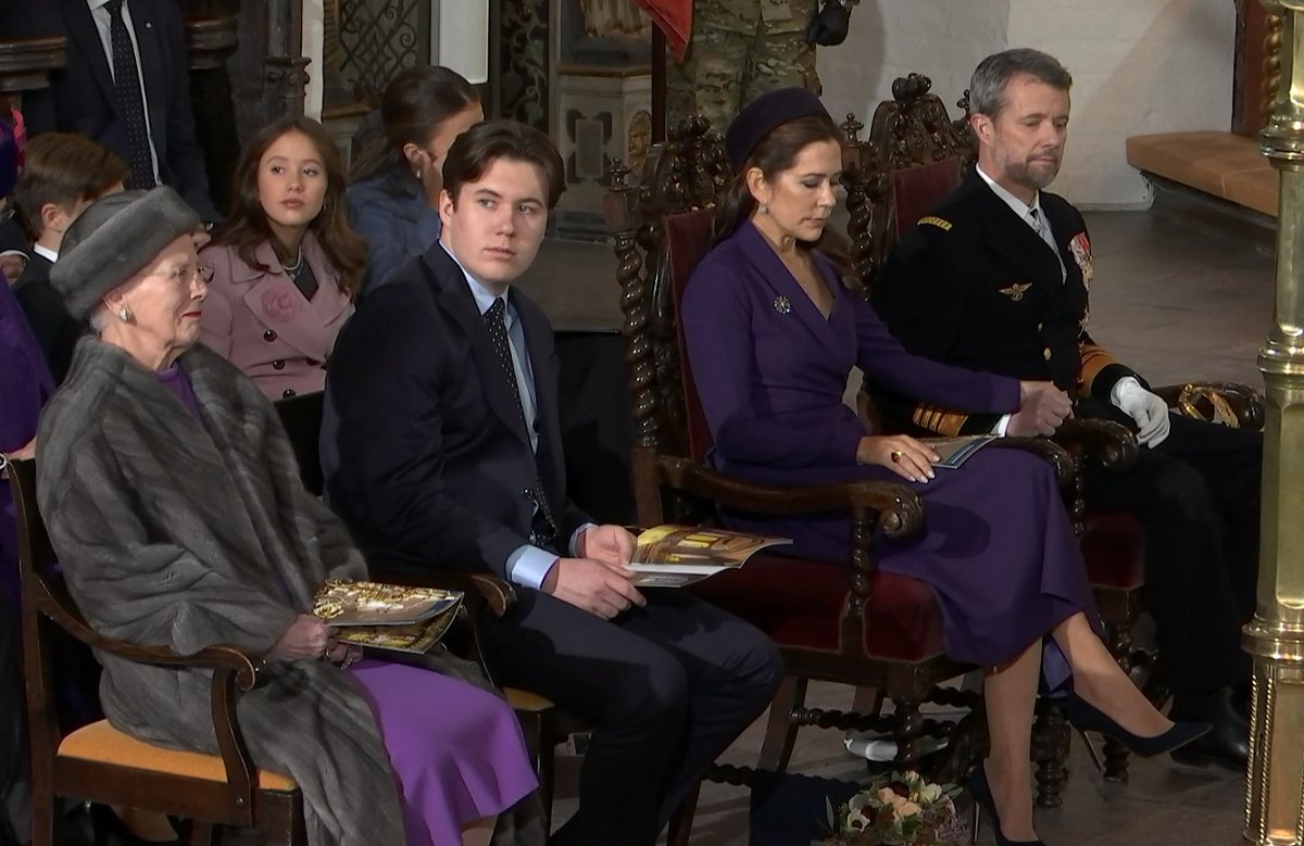 The King and Queen of Denmark, with Crown Prince Christian and Queen Margrethe, attend a service at Aarhus Cathedral on January 21, 2024 (DR1/screencapture)