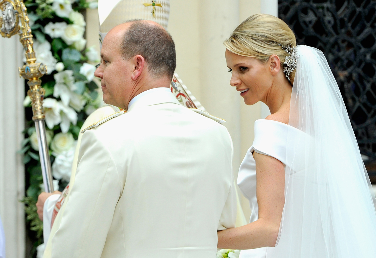 The Prince and Princess of Monaco arrive at the Church of Sainte Devote after their religious wedding ceremony on July 2, 2011 (Gareth Cattermole/Getty Images)